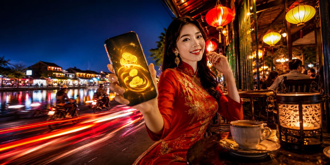 Người dùng thư giãn tại Hội An với cà phê, thể hiện sự cân bằng giữa giải trí và cuộc sống
